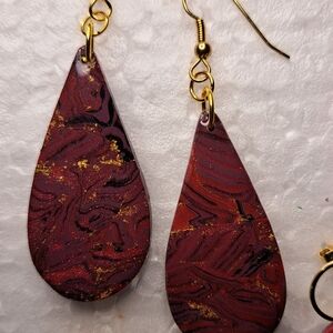 Elegant Gold and Red Swirl Earrings Polymer Teardrop